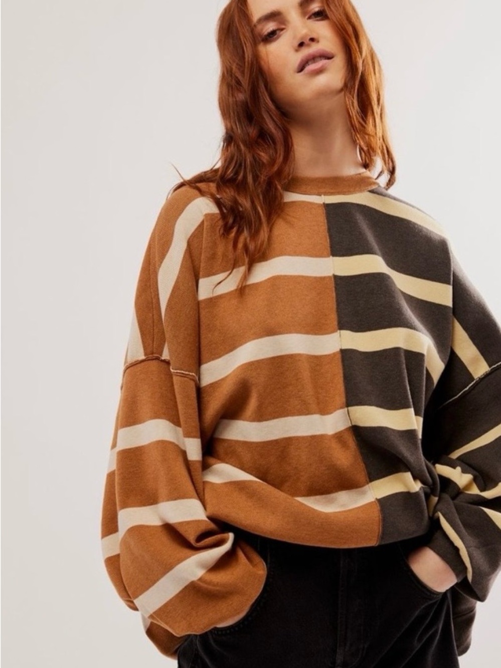 Free People Uptown Stripe Pullover, Spice Oatmeal Combo - XL